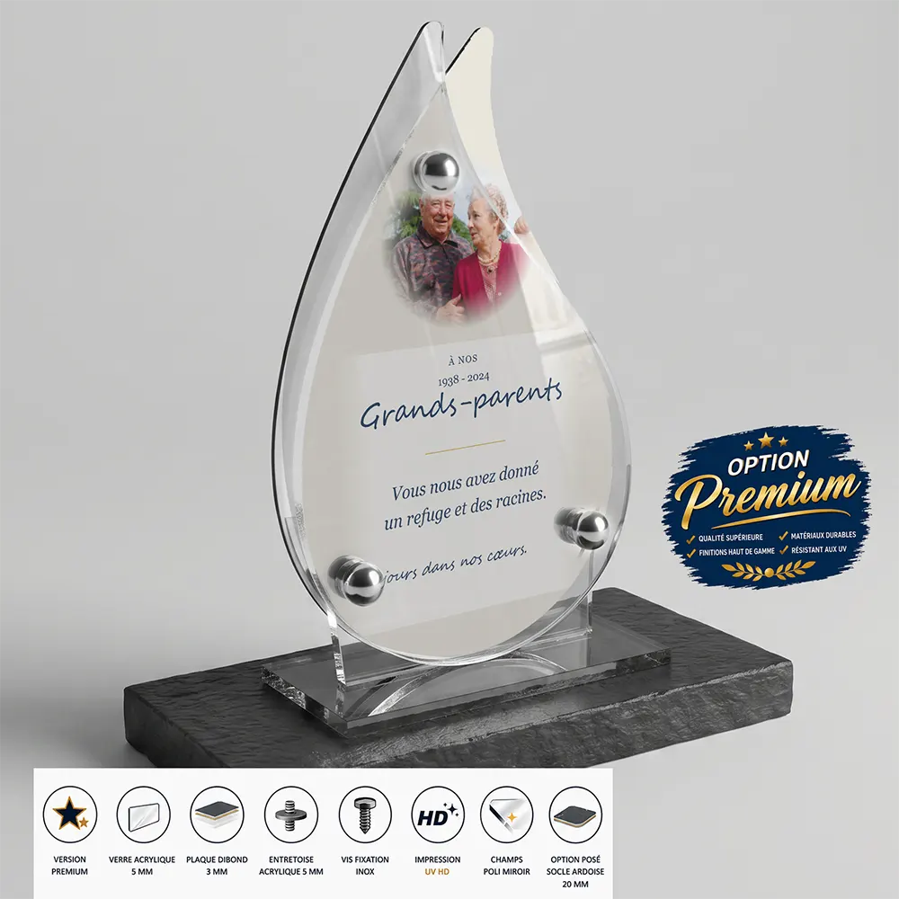 Plaque funéraire flamme Grands-parents finition premium présentée sur socle en ardoise