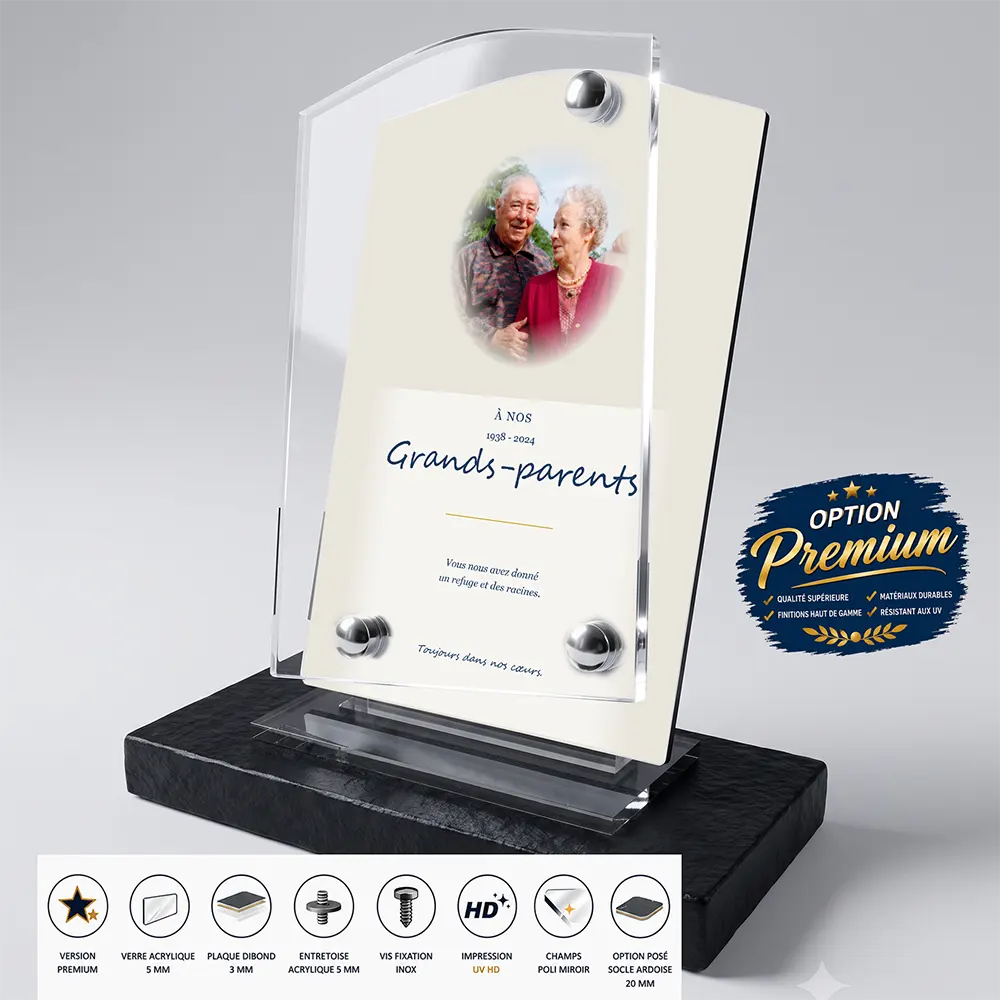Plaque funéraire stèle Grands-parents finition premium présentée sur socle en ardoise