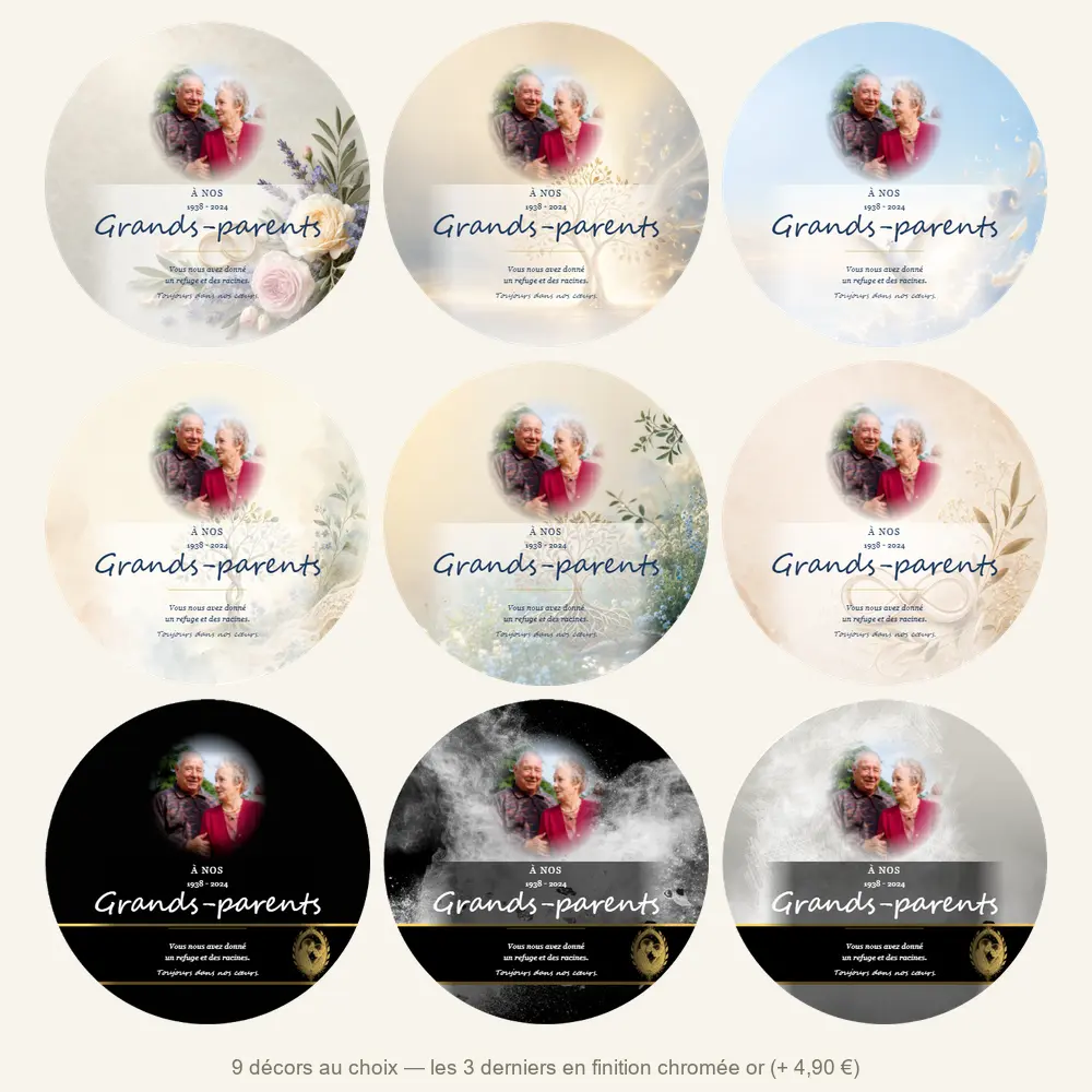 Plaque funéraire circulaire Grands-parents — neuf décors de fond au choix