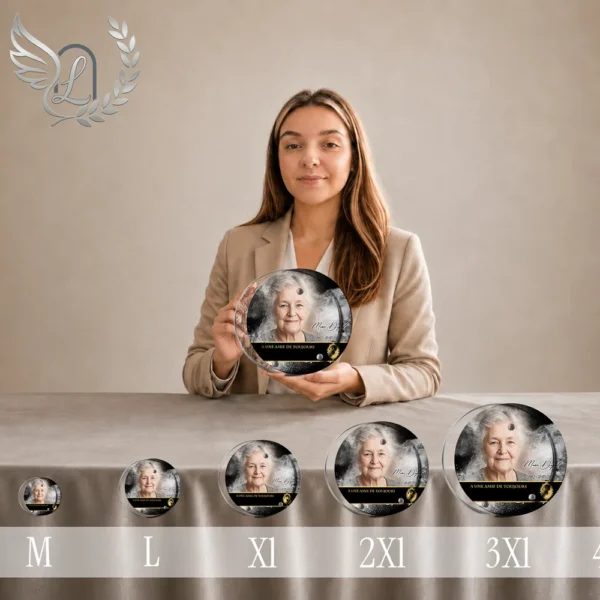 Gamme complète de plaques circulaires en plexiglas finition or, du format miniature au grand modèle XXL, portrait photographique en noir et blanc, texte de recueillement gravé