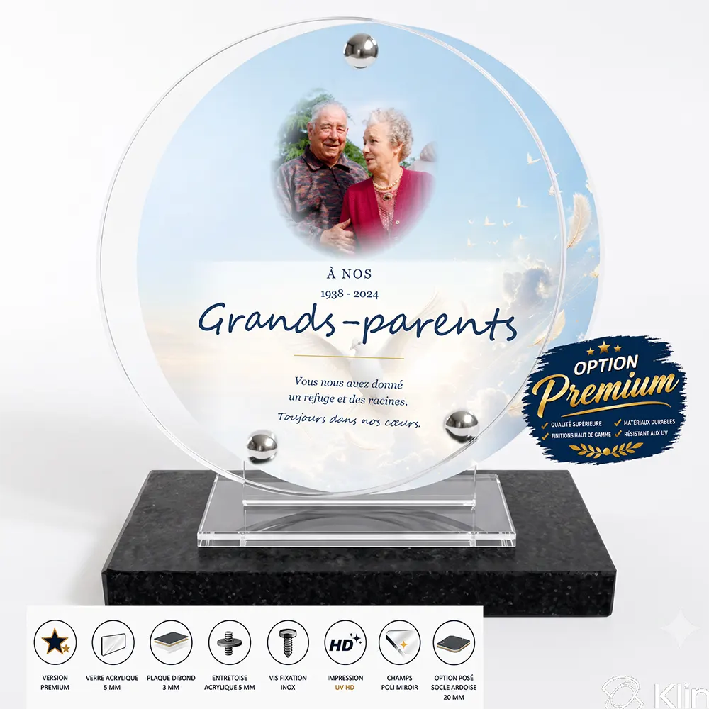 Plaque funéraire circulaire Grands-parents finition premium présentée sur socle en ardoise