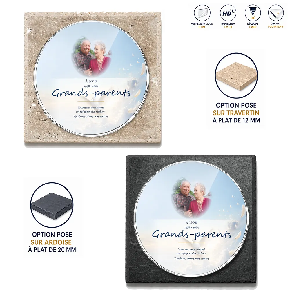 Plaque funéraire circulaire Grands-parents — supports au choix, socle ardoise ou travertin