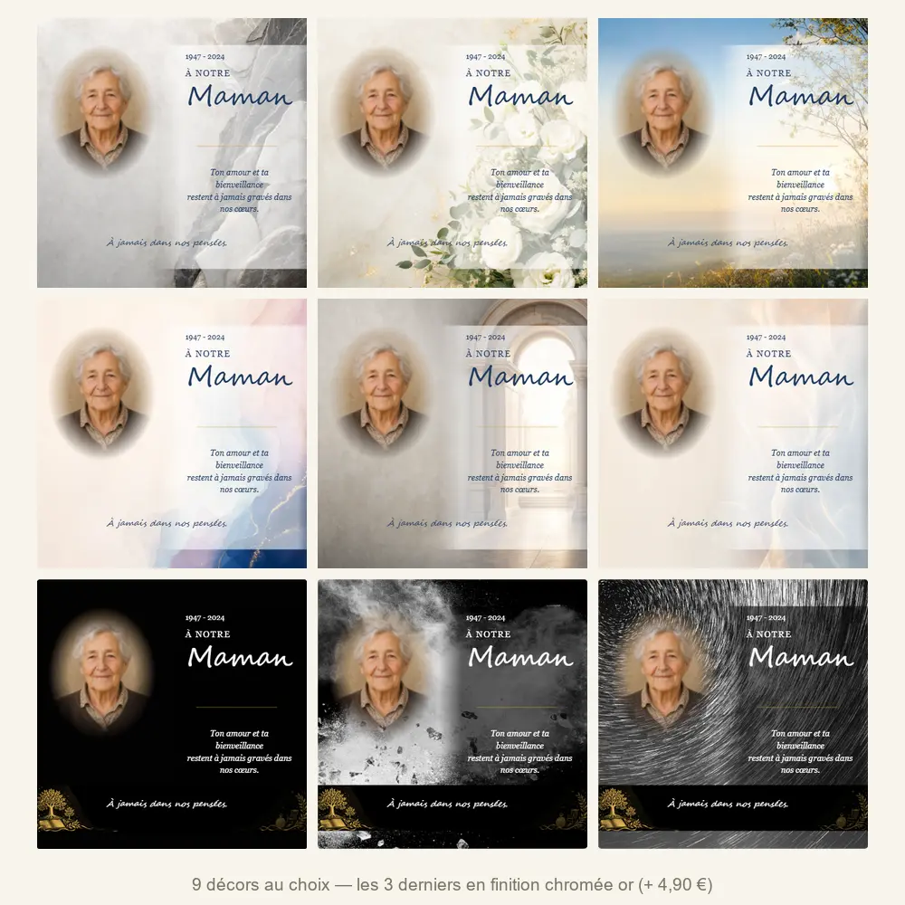 Plaque funéraire carré Maman-Papa — neuf décors de fond au choix