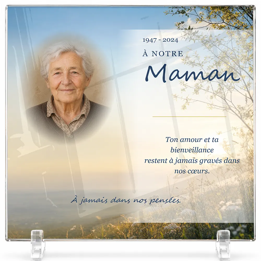 Plaque funéraire carré Maman-Papa personnalisée — portrait, texte libre et fond au choix, présentée sur pied plexi