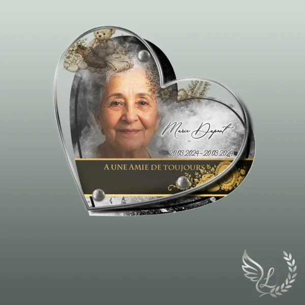 Plaque funéraire cœur maman-papa collée sur pierre tombale, double-face professionnel inclus, 1er sous-décor du thème
