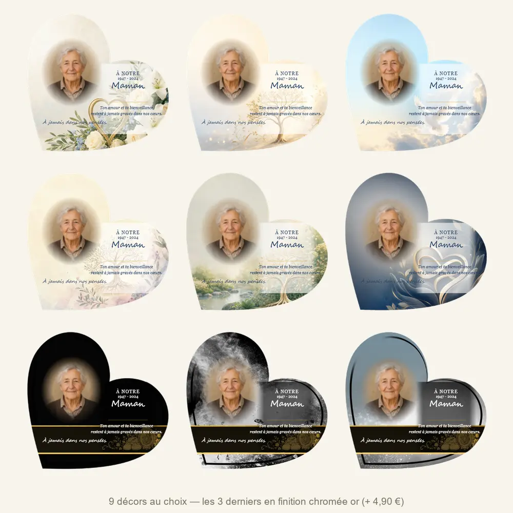Plaque funéraire cœur Maman-Papa — neuf décors de fond au choix