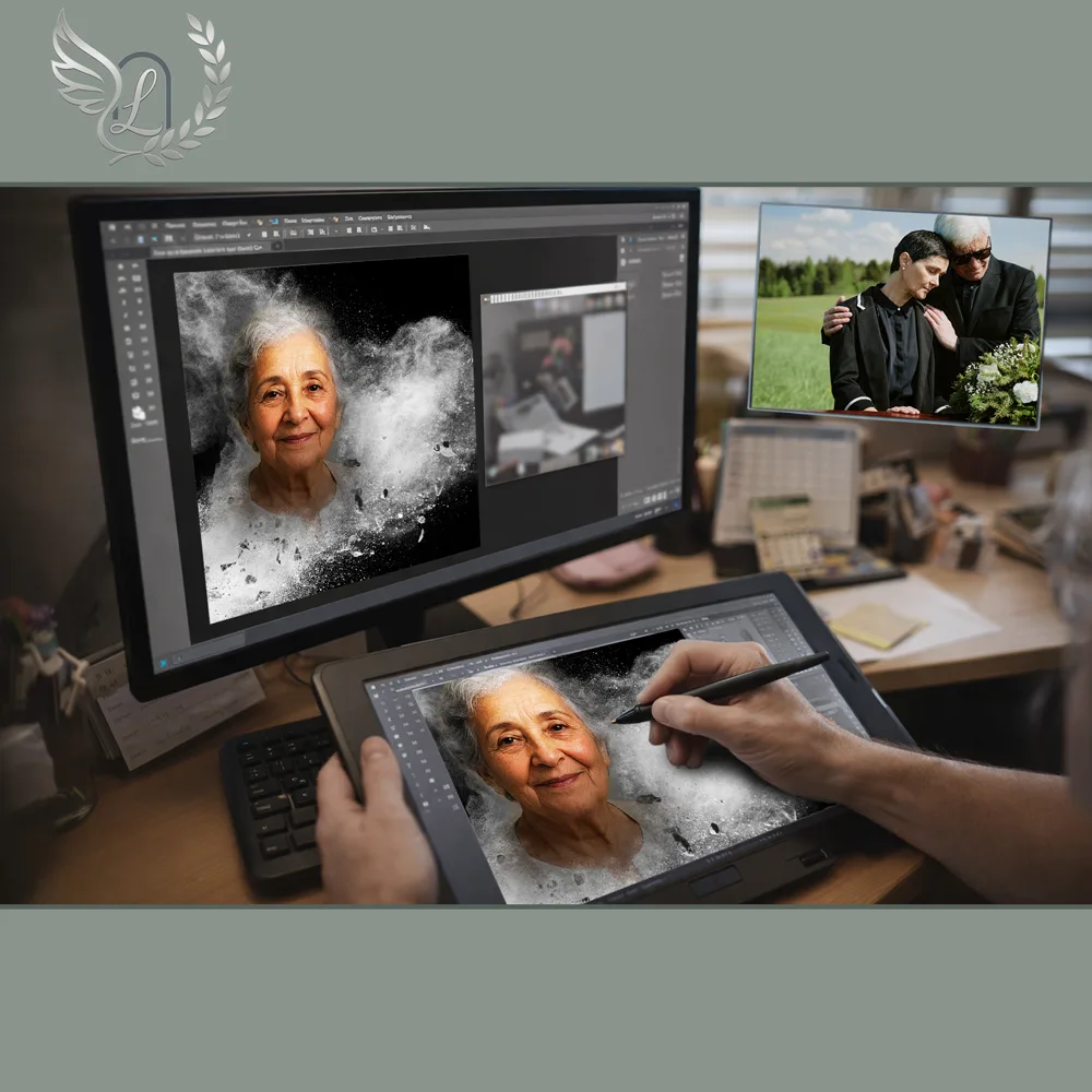 Création artistique plaque funéraire Maman-Papa sur tablette graphique en studio