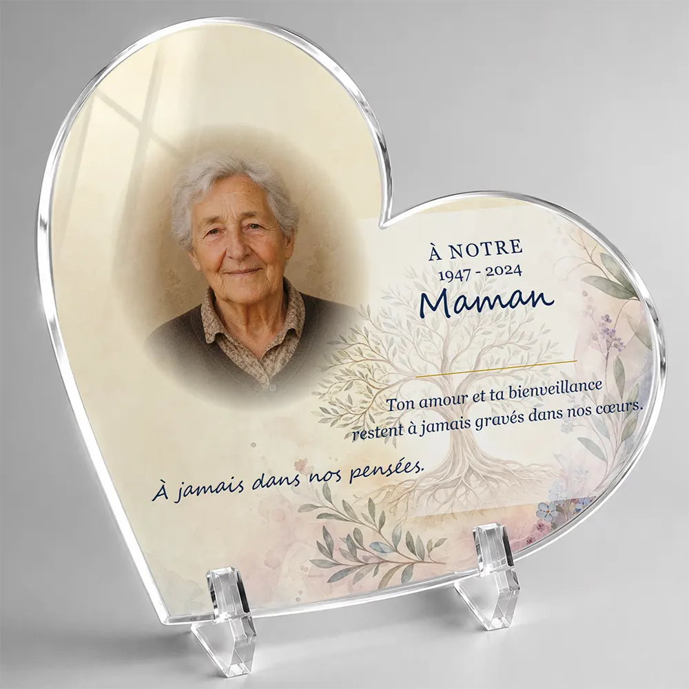 Plaque funéraire cœur Maman-Papa personnalisée — portrait, texte libre et fond au choix, présentée sur pied plexi