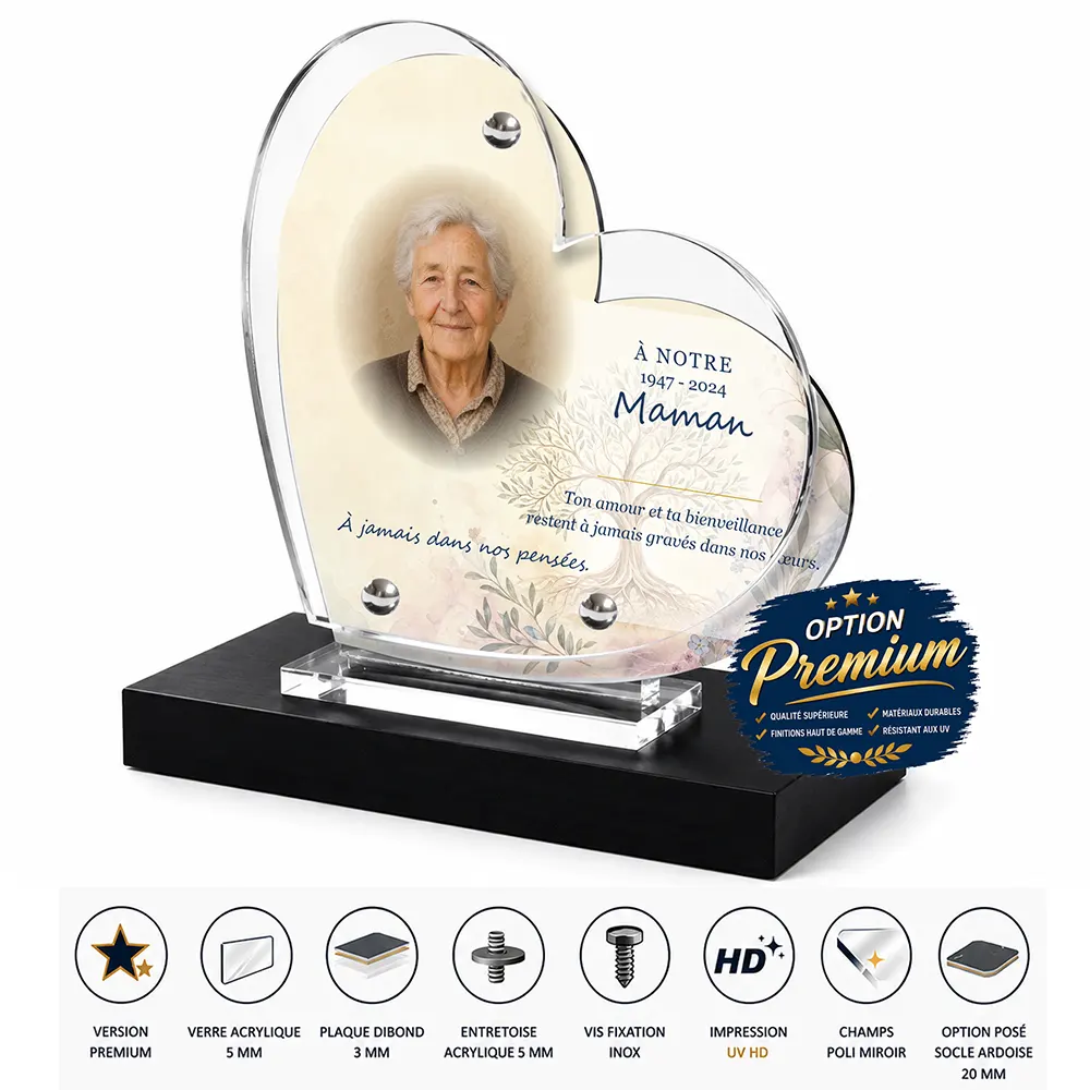 Plaque funéraire cœur Maman-Papa finition premium présentée sur socle en ardoise