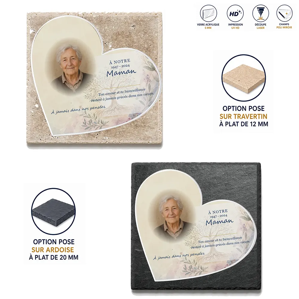 Plaque funéraire cœur Maman-Papa — supports au choix, socle ardoise ou travertin