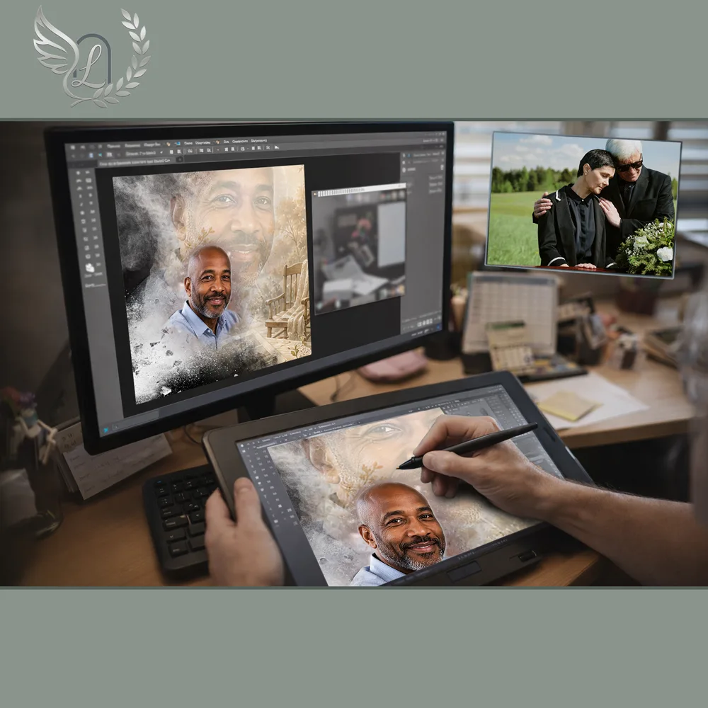 Création artistique plaque funéraire Maman-Papa sur tablette graphique en studio