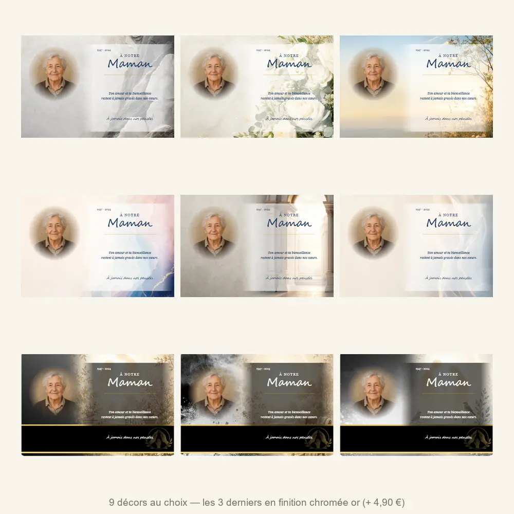 Plaque funéraire panoramique Maman-Papa — neuf décors de fond au choix
