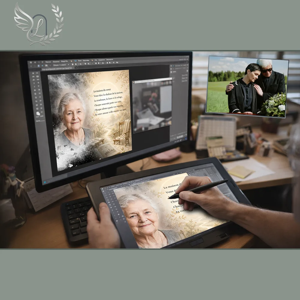 Création artistique plaque funéraire Maman-Papa sur tablette graphique en studio
