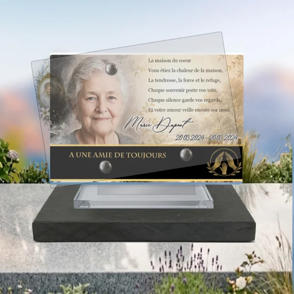 Plaque funéraire panoramique maman-papa posée sur socle ardoise du Brésil, fixation inox, 1er sous-décor