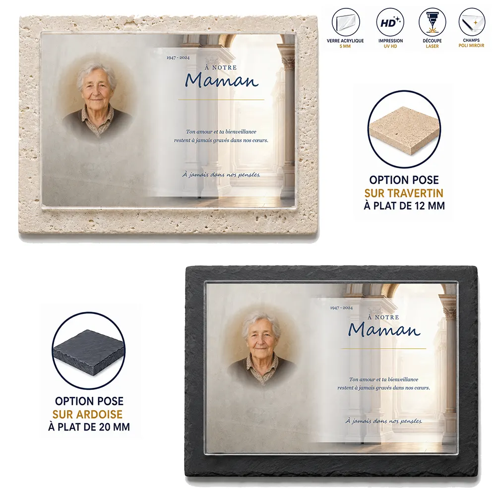 Plaque funéraire panoramique Maman-Papa — supports au choix, socle ardoise ou travertin