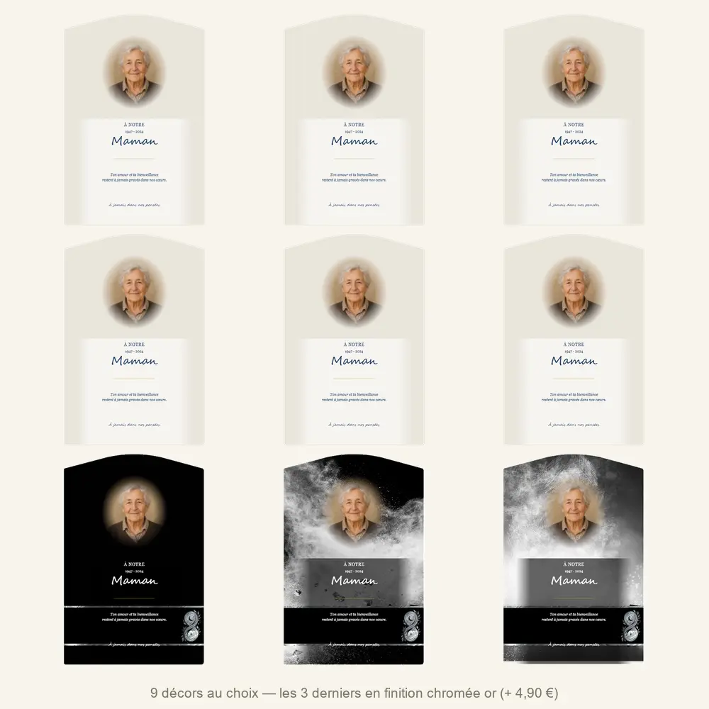 Plaque funéraire stèle Maman-Papa — neuf décors de fond au choix