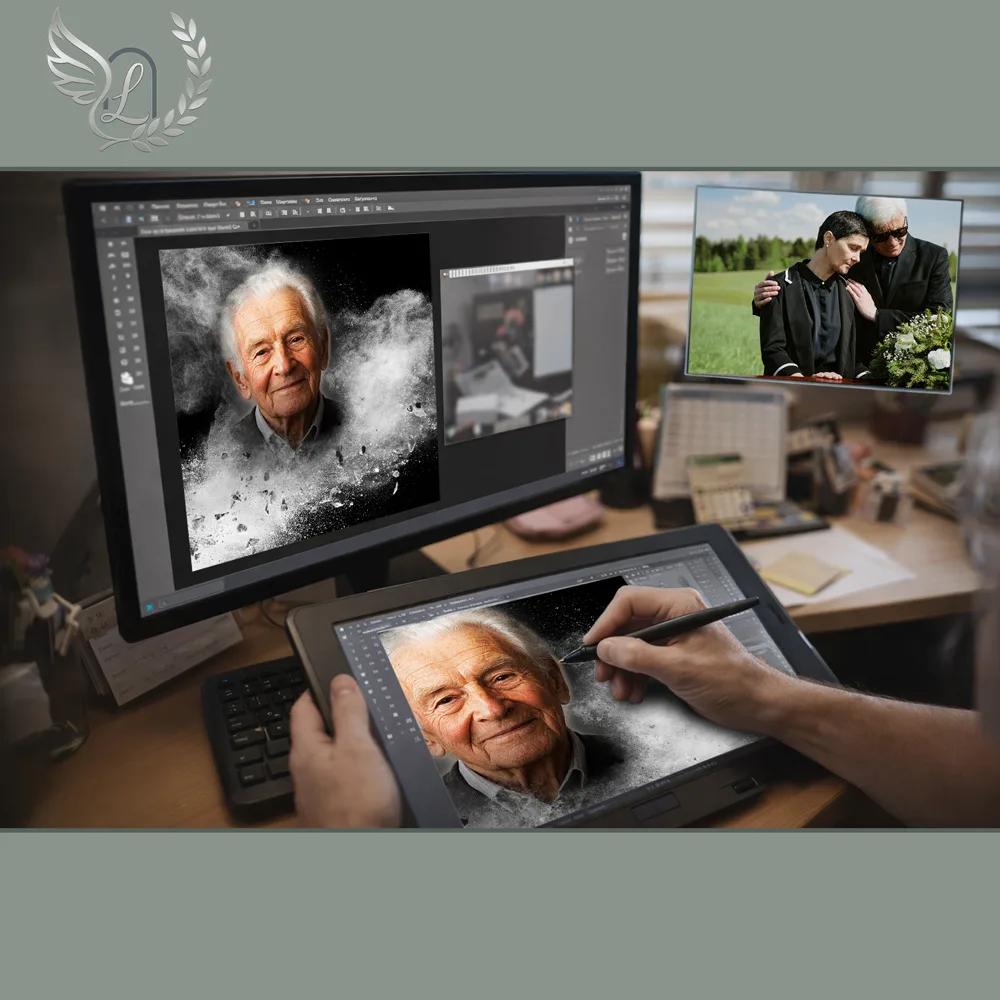Création artistique plaque funéraire Maman-Papa sur tablette graphique en studio