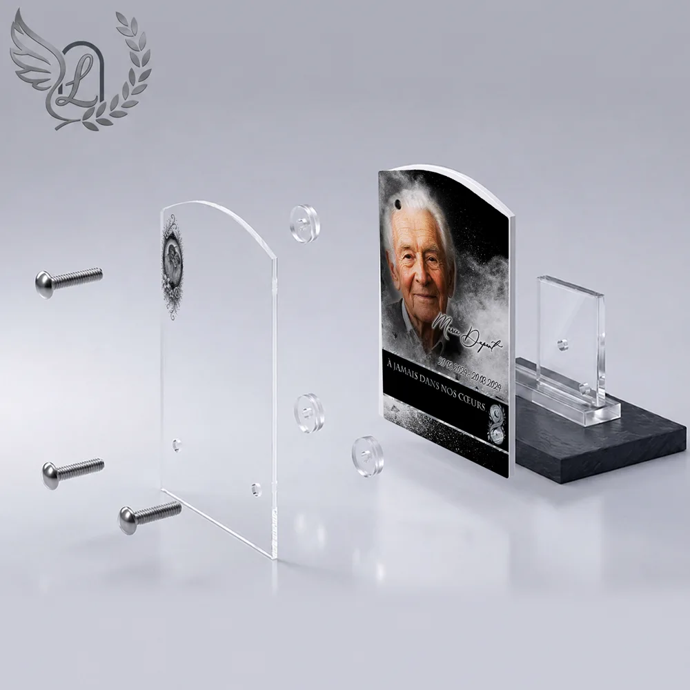 Vue éclatée plaque funéraire Stèle Maman-Papa : construction sandwich plexi imprimé miroir, 3 entretoises, dibond et bloc ardoise