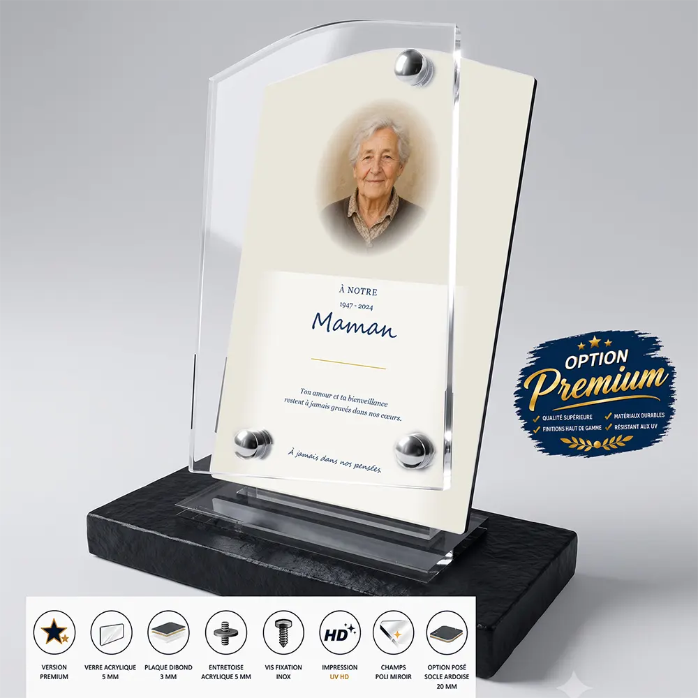 Plaque funéraire stèle Maman-Papa finition premium présentée sur socle en ardoise