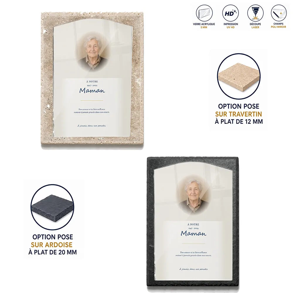 Plaque funéraire stèle Maman-Papa — supports au choix, socle ardoise ou travertin