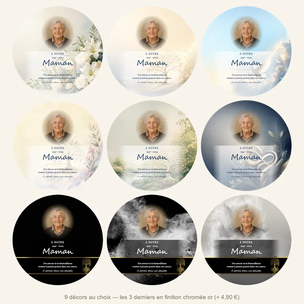 Plaque funéraire circulaire Maman-Papa — neuf décors de fond au choix