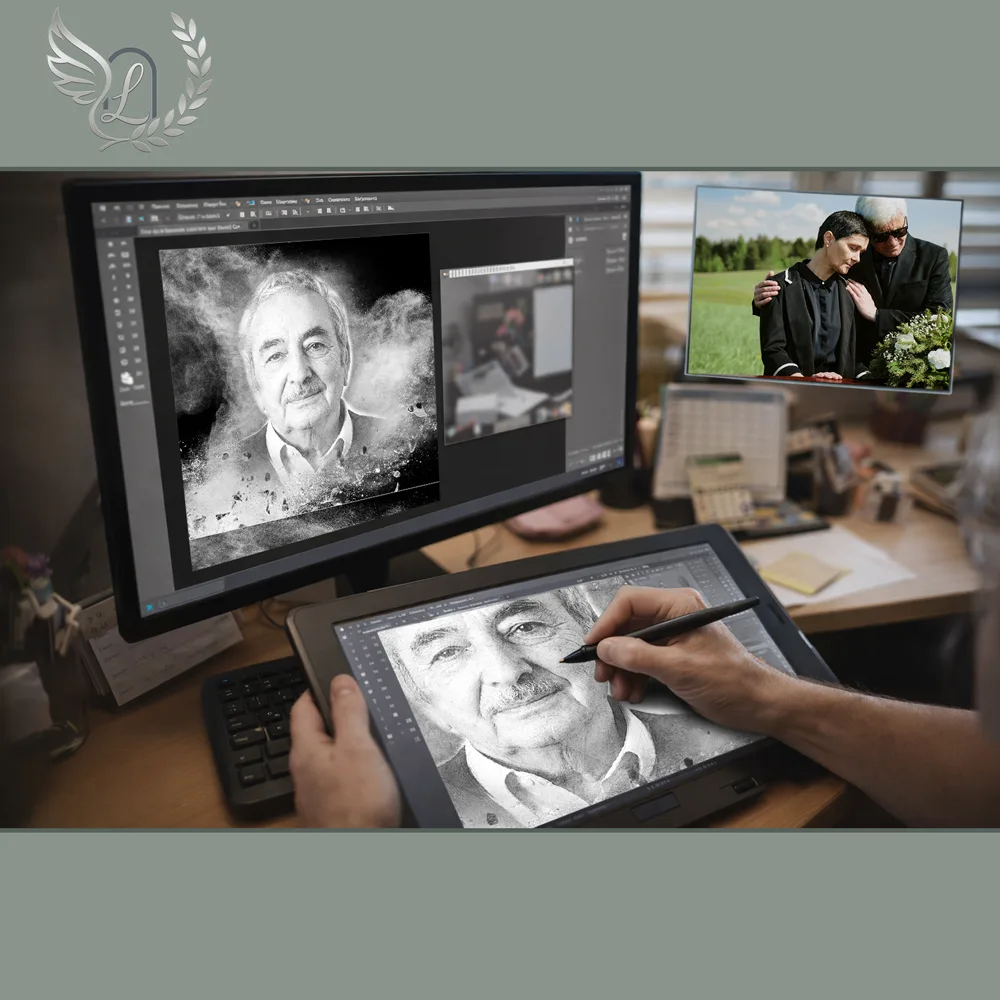Création artistique plaque funéraire Maman-Papa sur tablette graphique en studio