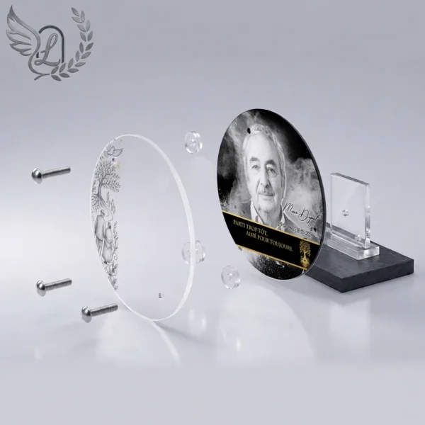 Plaque funéraire médaillon rond maman-papa en vue éclatée : assemblage 5 couches plexiglas, entretoises chromées, dibond aluminium, vis inox 316