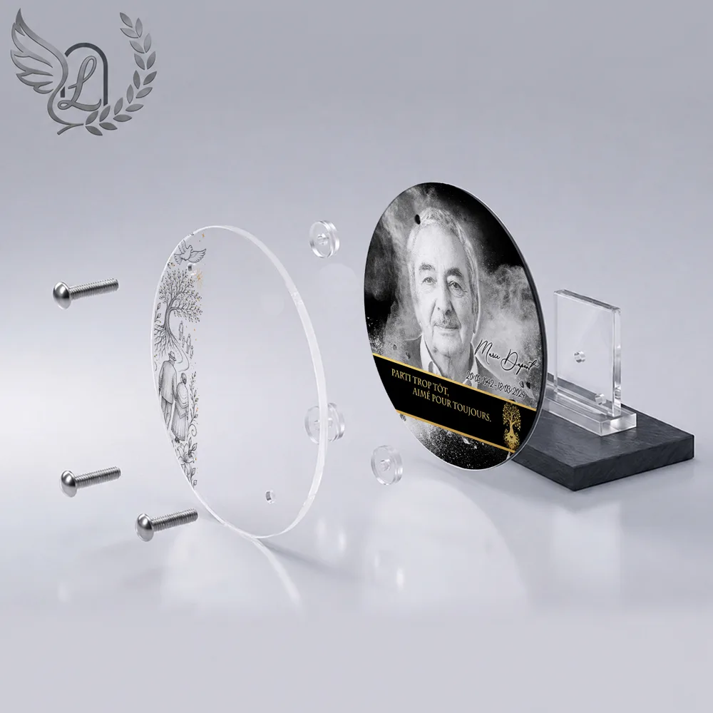 Vue éclatée plaque funéraire Circulaire Maman-Papa : construction sandwich plexi imprimé miroir, 3 entretoises, dibond et bloc ardoise