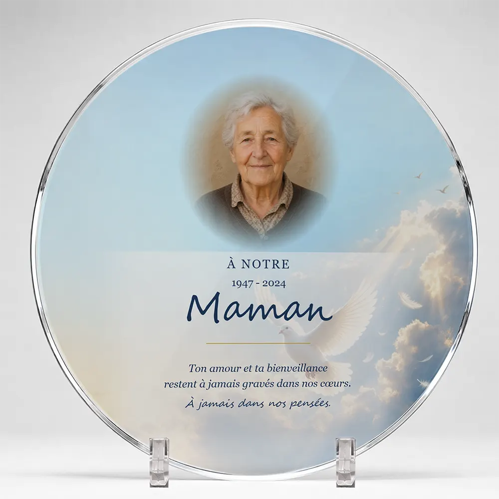 Plaque funéraire circulaire Maman-Papa personnalisée — portrait, texte libre et fond au choix, présentée sur pied plexi