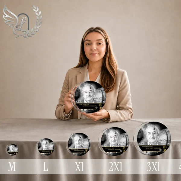 Gamme de plaques funéraires circulaires en plexiglas avec finition or, portrait en noir et blanc, présentées en 5 tailles croissantes, hommage familial personnalisé