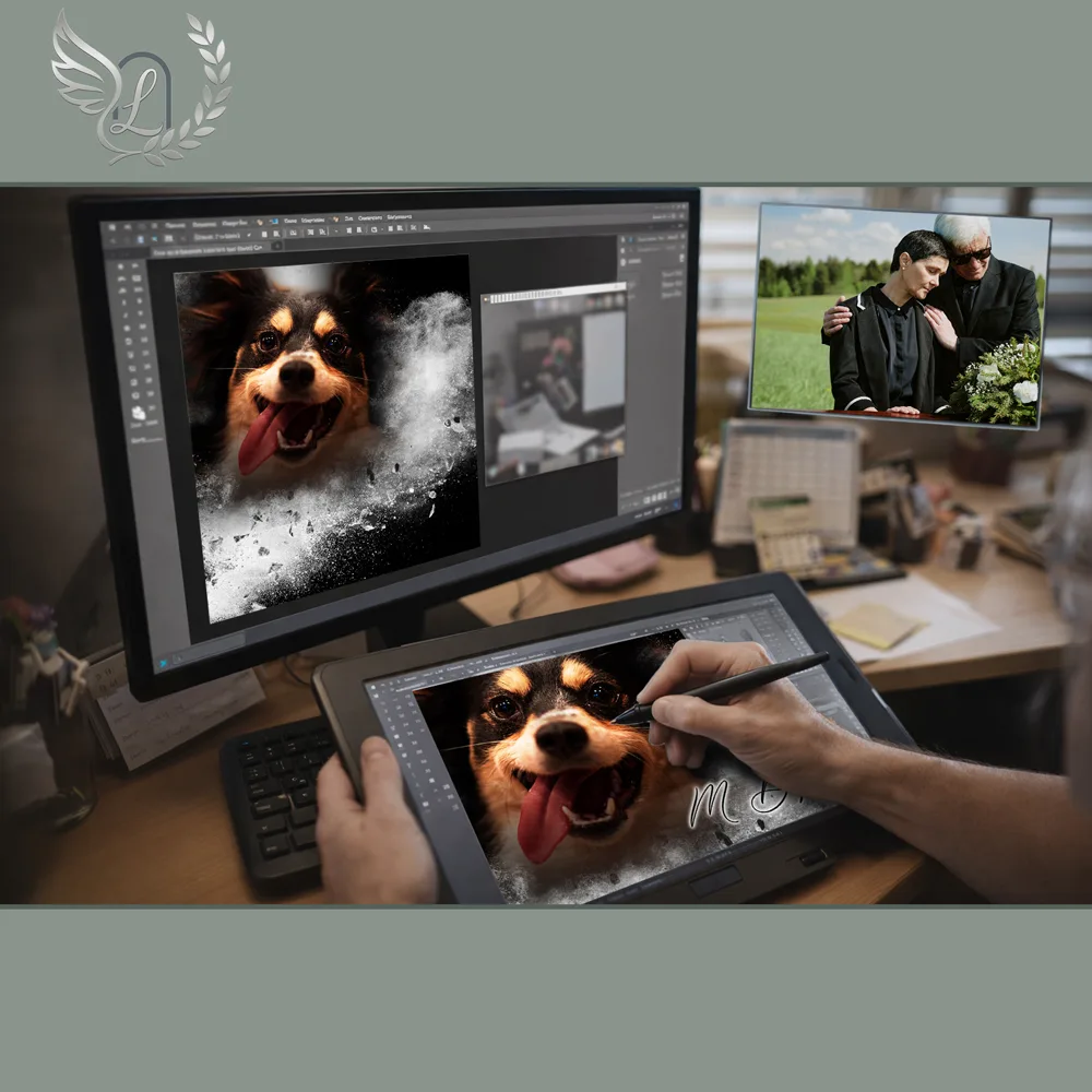 Création artistique plaque funéraire Animal de compagnie sur tablette graphique en studio