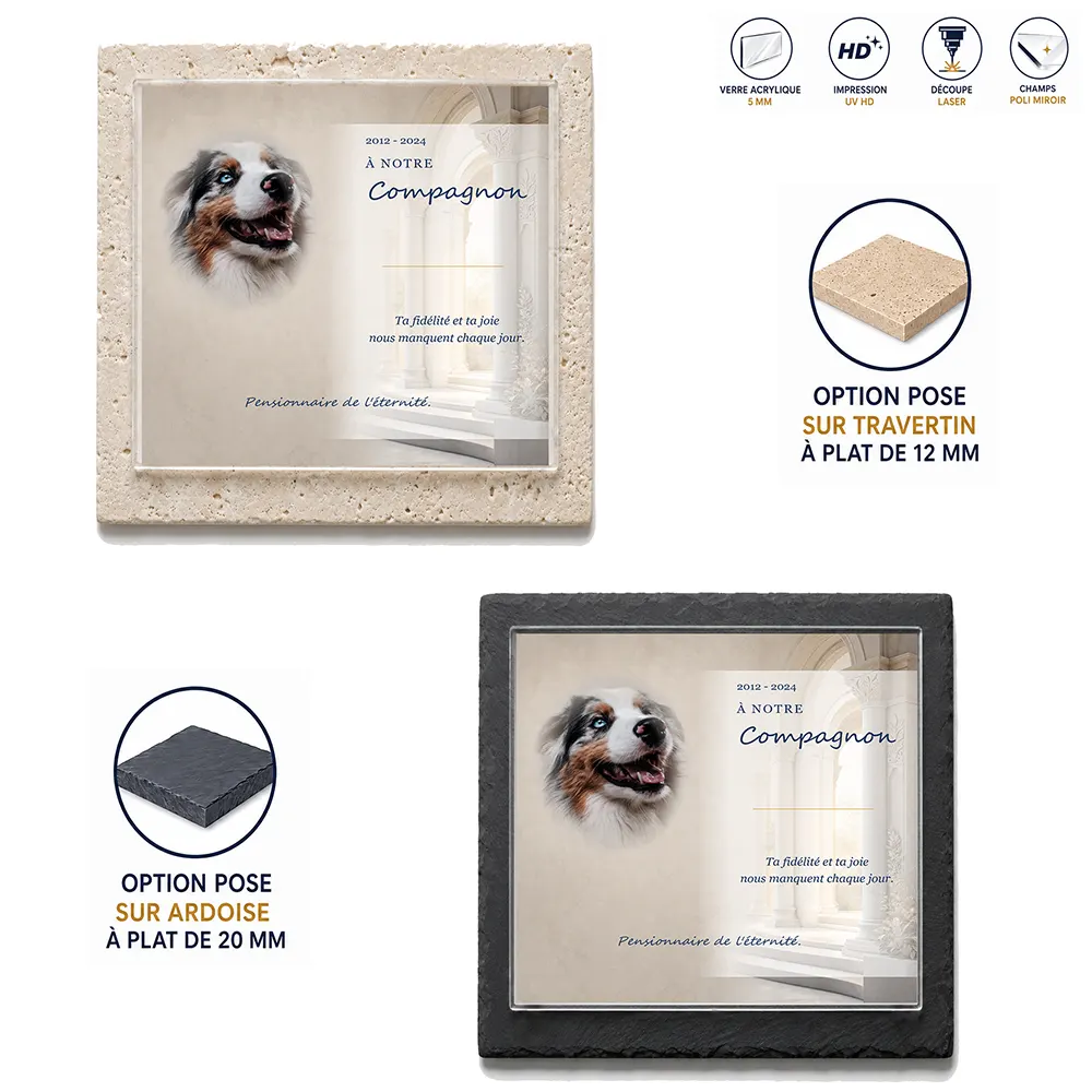 Plaque funéraire carré Animal de compagnie — supports au choix, socle ardoise ou travertin