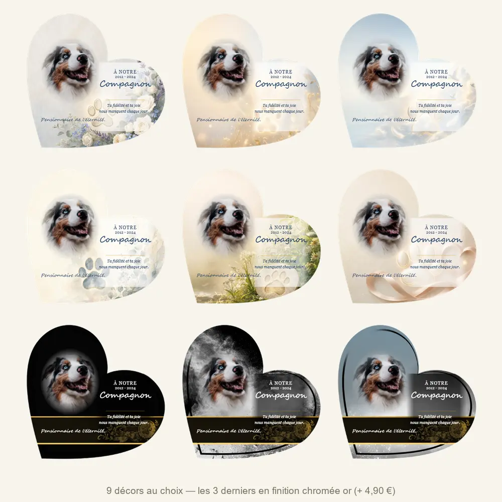 Plaque funéraire cœur Animal de compagnie — neuf décors de fond au choix