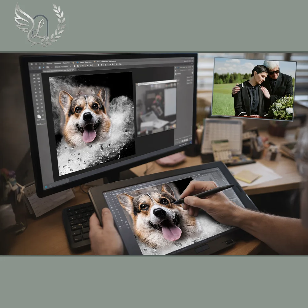 Création artistique plaque funéraire Animal de compagnie sur tablette graphique en studio