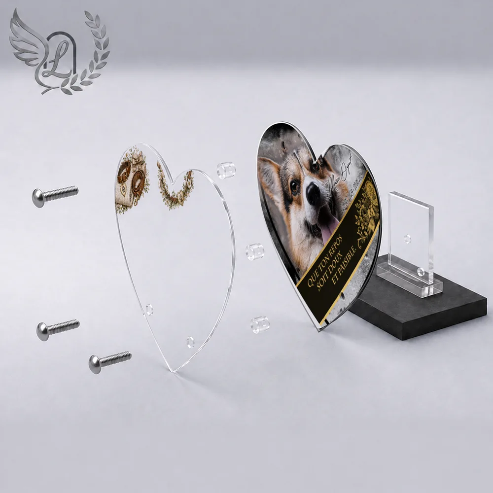 Vue éclatée plaque funéraire Cœur Animal de compagnie : construction sandwich plexi imprimé miroir, 3 entretoises, dibond et bloc ardoise