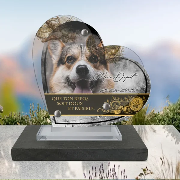 Plaque funéraire cœur animal de compagnie posée sur socle ardoise du Brésil, fixation inox, 1er sous-décor