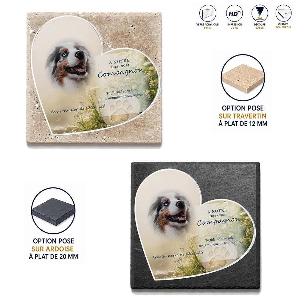 Plaque funéraire cœur Animal de compagnie — supports au choix, socle ardoise ou travertin