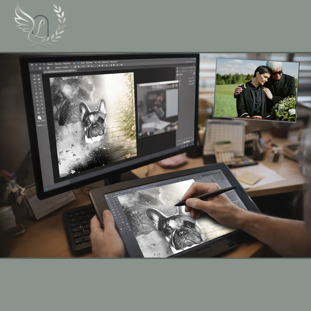 Création artistique plaque funéraire Animal de compagnie sur tablette graphique en studio