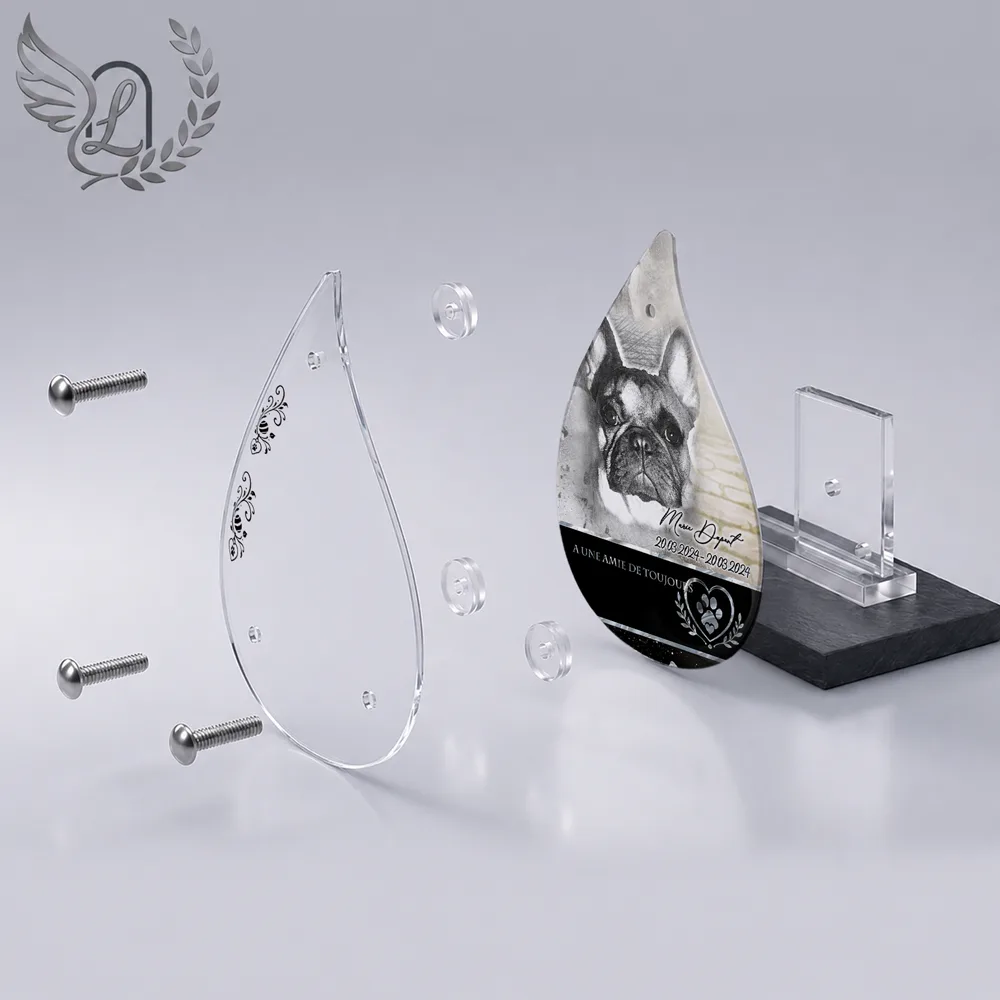 Vue éclatée plaque funéraire Flamme Animal de compagnie : construction sandwich plexi imprimé miroir, 3 entretoises, dibond et bloc ardoise