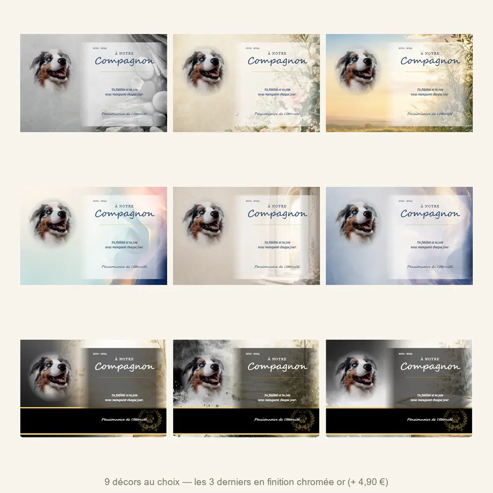 Plaque funéraire panoramique Animal de compagnie — neuf décors de fond au choix