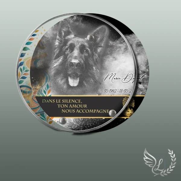 Plaque funéraire médaillon rond animal de compagnie collée sur pierre tombale, double-face professionnel inclus, 1er sous-décor du thème