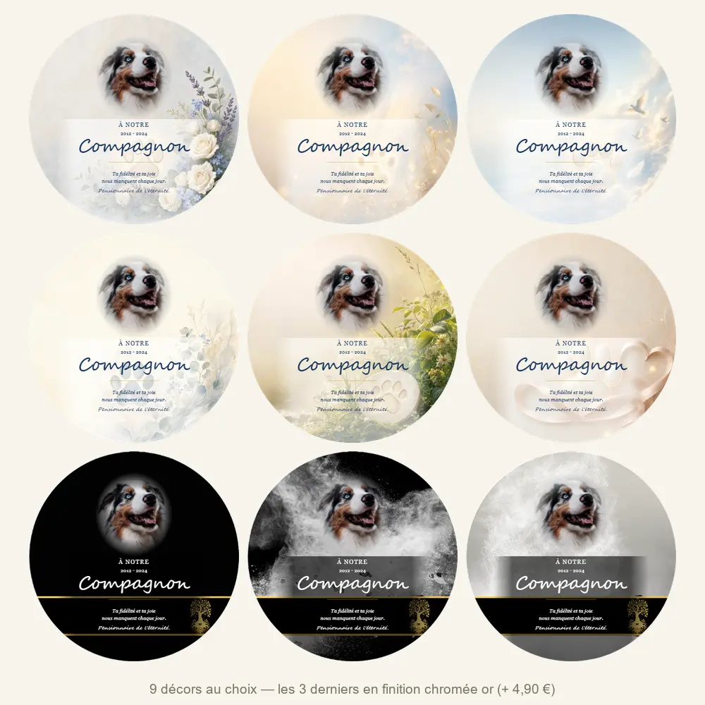 Plaque funéraire circulaire Animal de compagnie — neuf décors de fond au choix