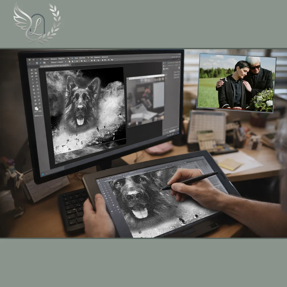 Création artistique plaque funéraire Animal de compagnie sur tablette graphique en studio