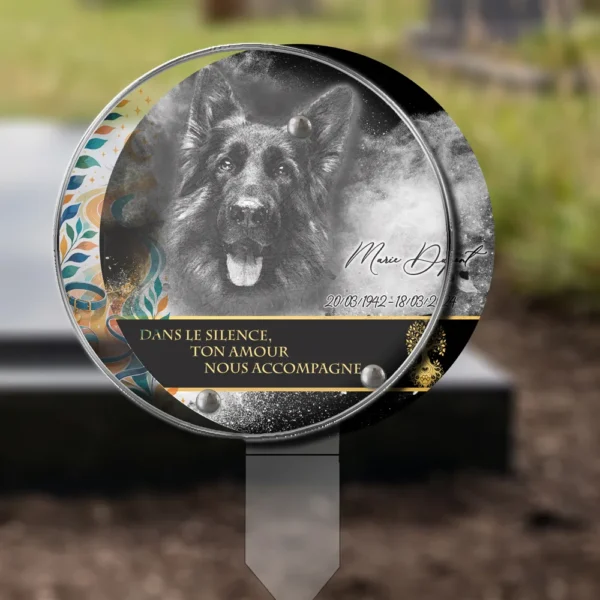 Plaque funéraire médaillon rond animal de compagnie plantée par appendice plexiglas, sol meuble ou pot, 1er sous-décor