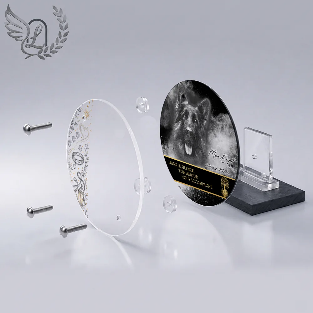 Vue éclatée plaque funéraire Circulaire Animal de compagnie : construction sandwich plexi imprimé miroir, 3 entretoises, dibond et bloc ardoise