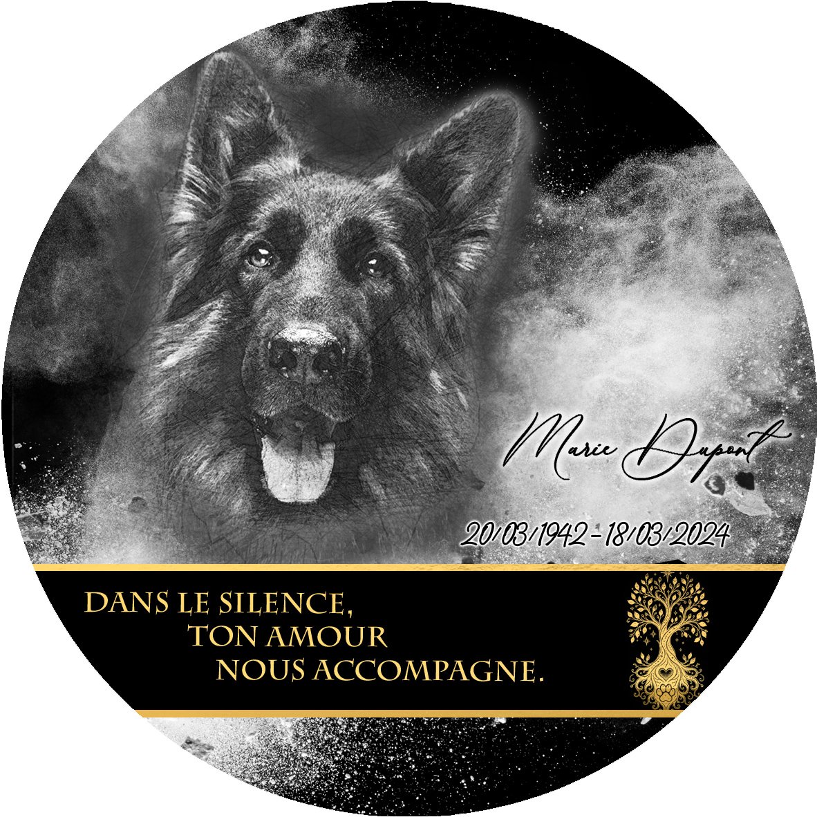 Plaque Circulaire Animal de compagnie effet Éclat, ambiance complète portrait + fond