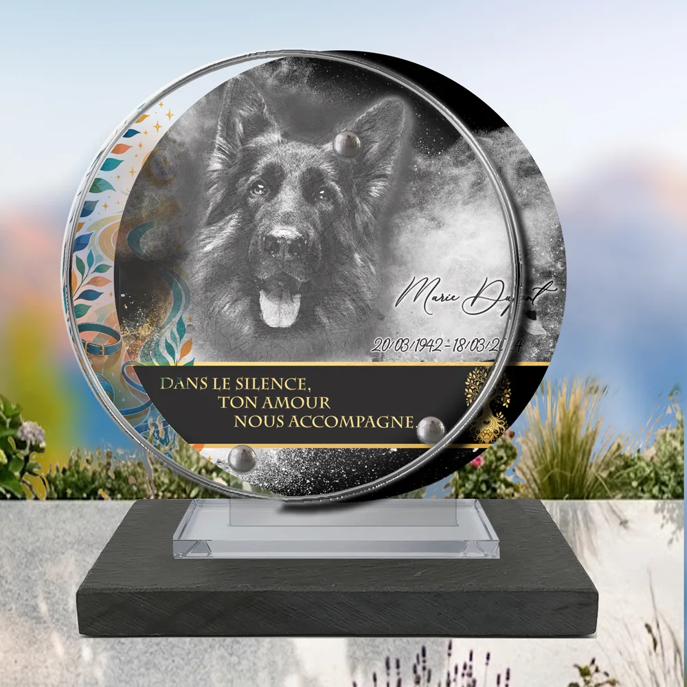 Plaque Circulaire Animal de compagnie à poser sur socle ardoise du Brésil