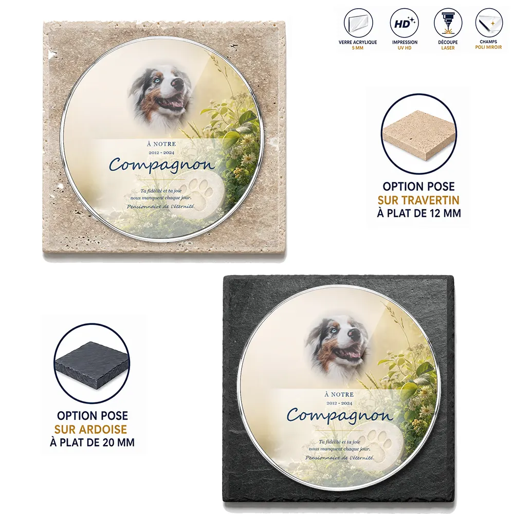 Plaque funéraire circulaire Animal de compagnie — supports au choix, socle ardoise ou travertin